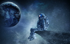 Астронавт сидит на остром крае планеты на фоне Земли
