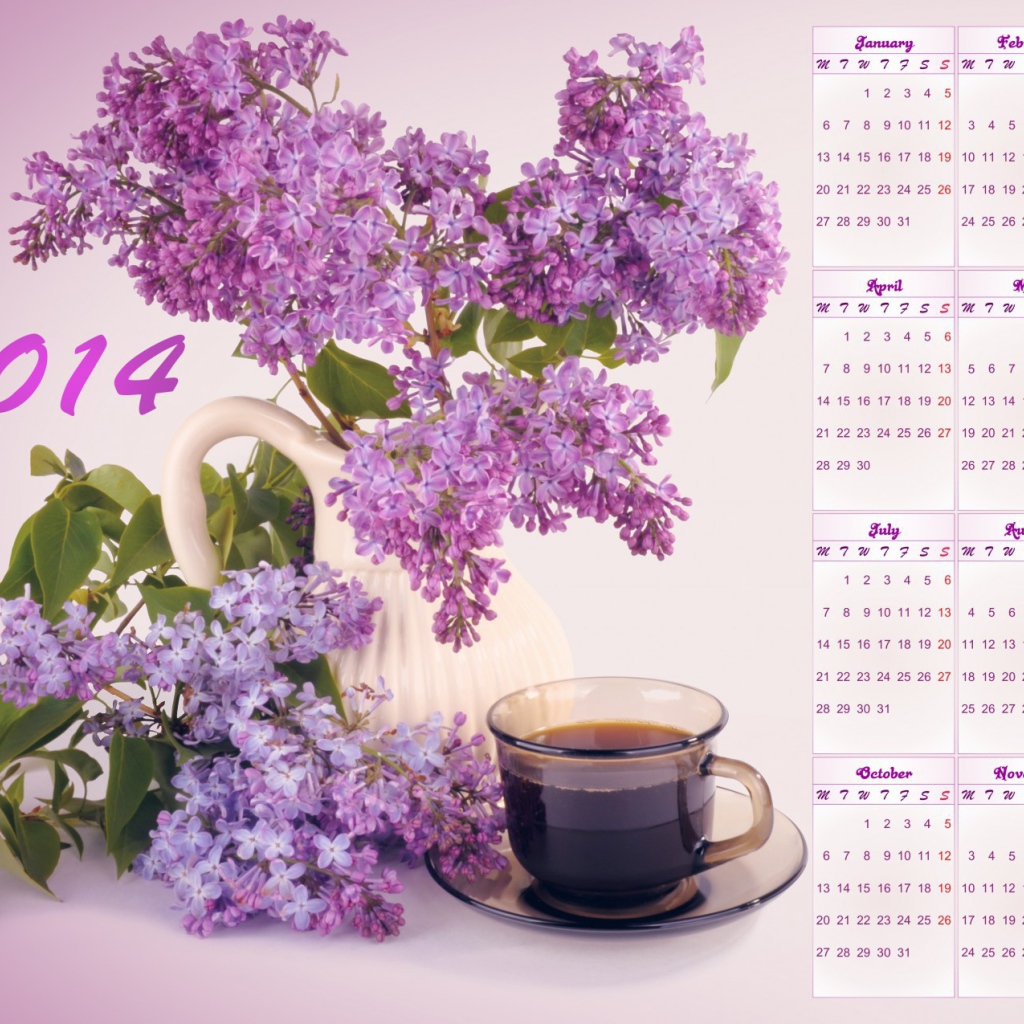 Календарь на Новый Год 2014, сиреневый фон