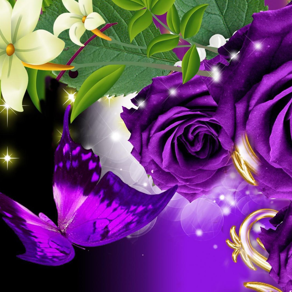 Фиолетовые розы и бабочка на чёрном фоне