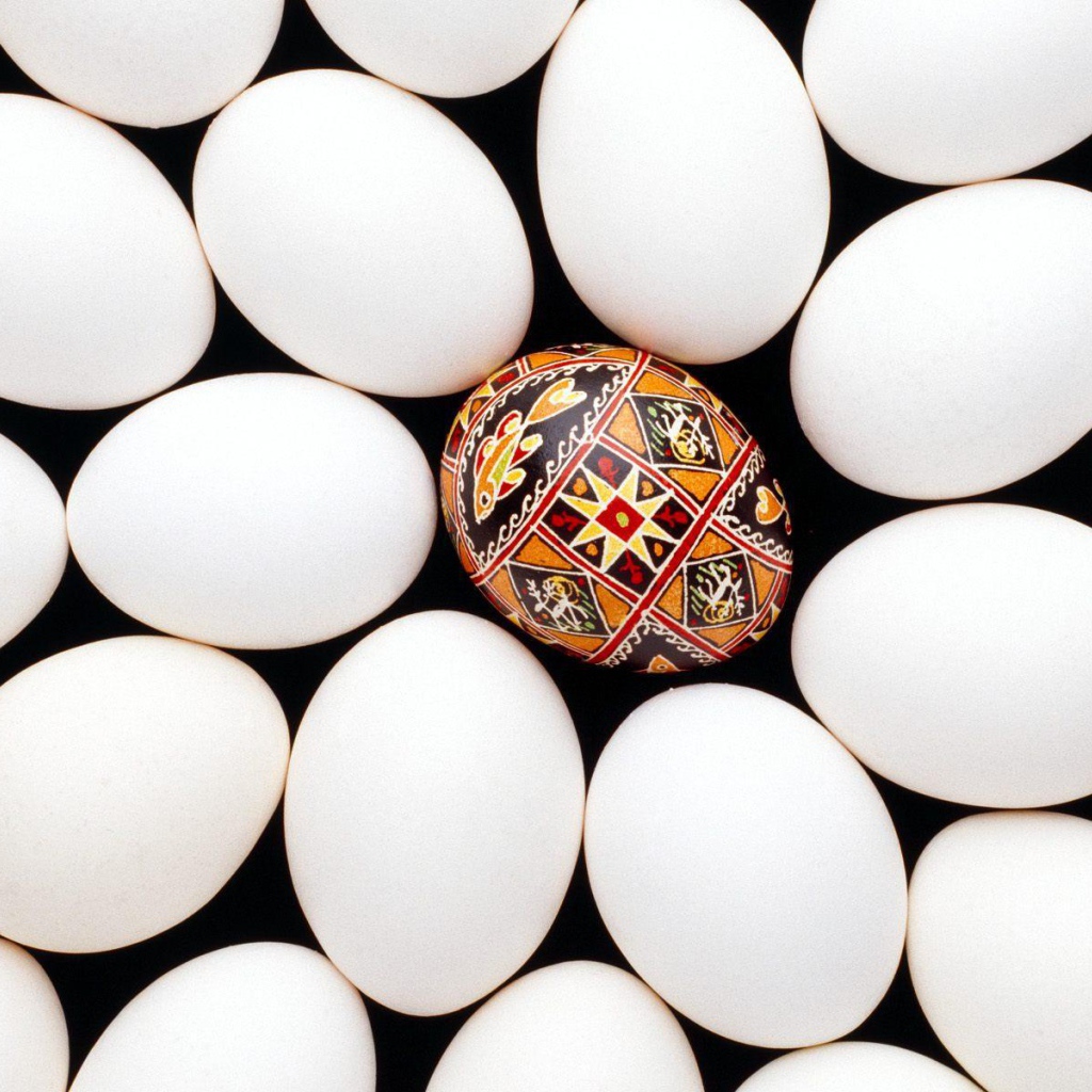 Крашенное яйцо среди белых на Пасху
