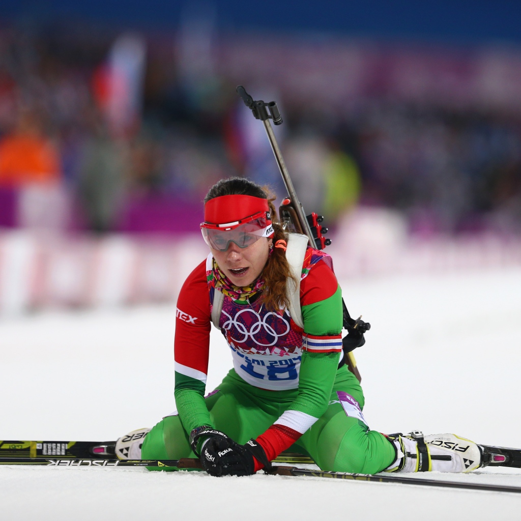 Bronze medal winner Belarusian biathlete Hope Scardino at the Olympics in Sochi