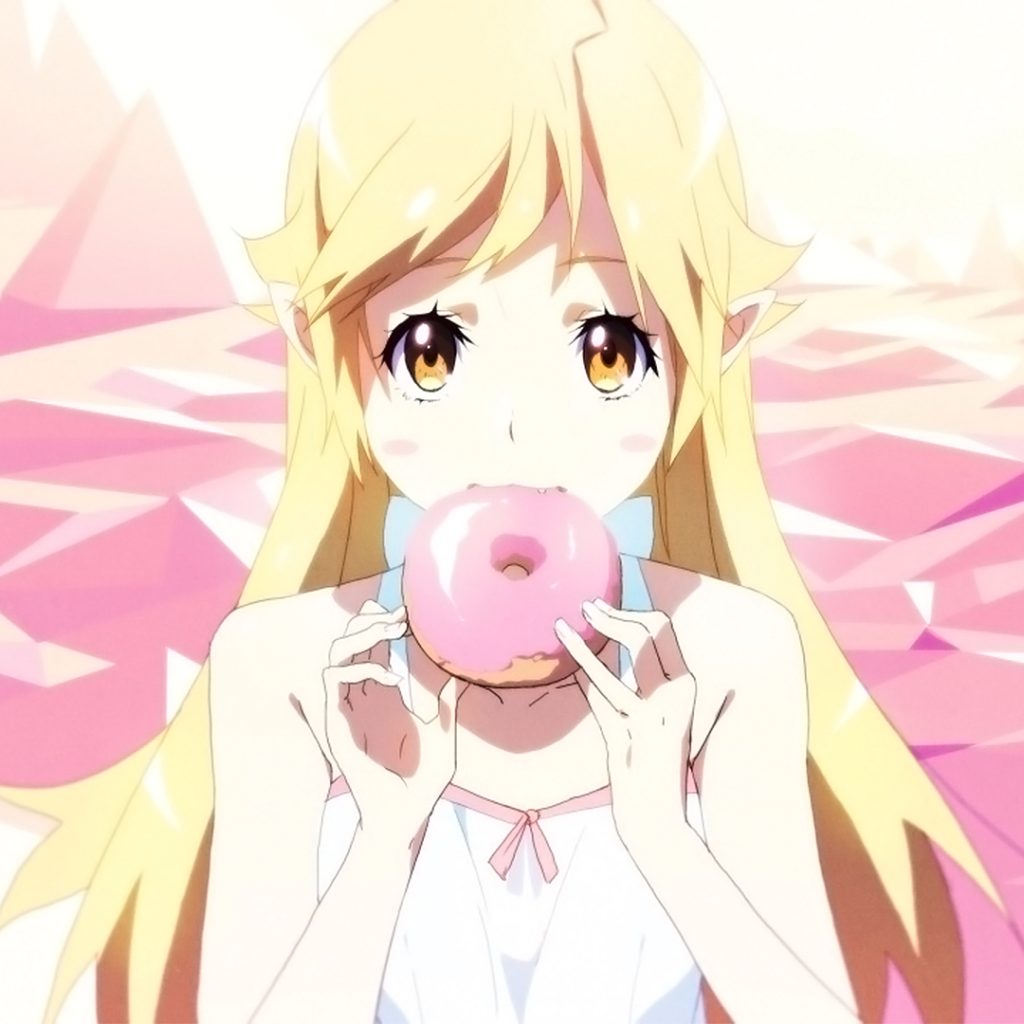 Светловолосая девушка аниме ест розовый пончик