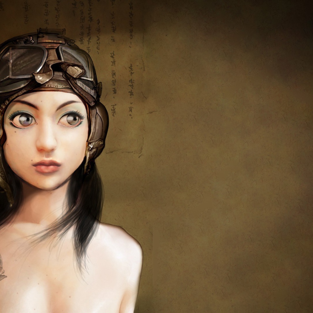 Японская девушка в старом шлеме летчика, рисунок