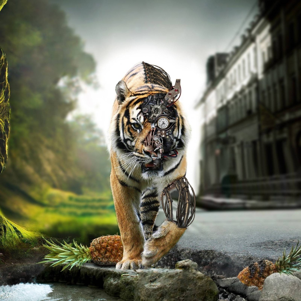 Тигр робот между городом и природой