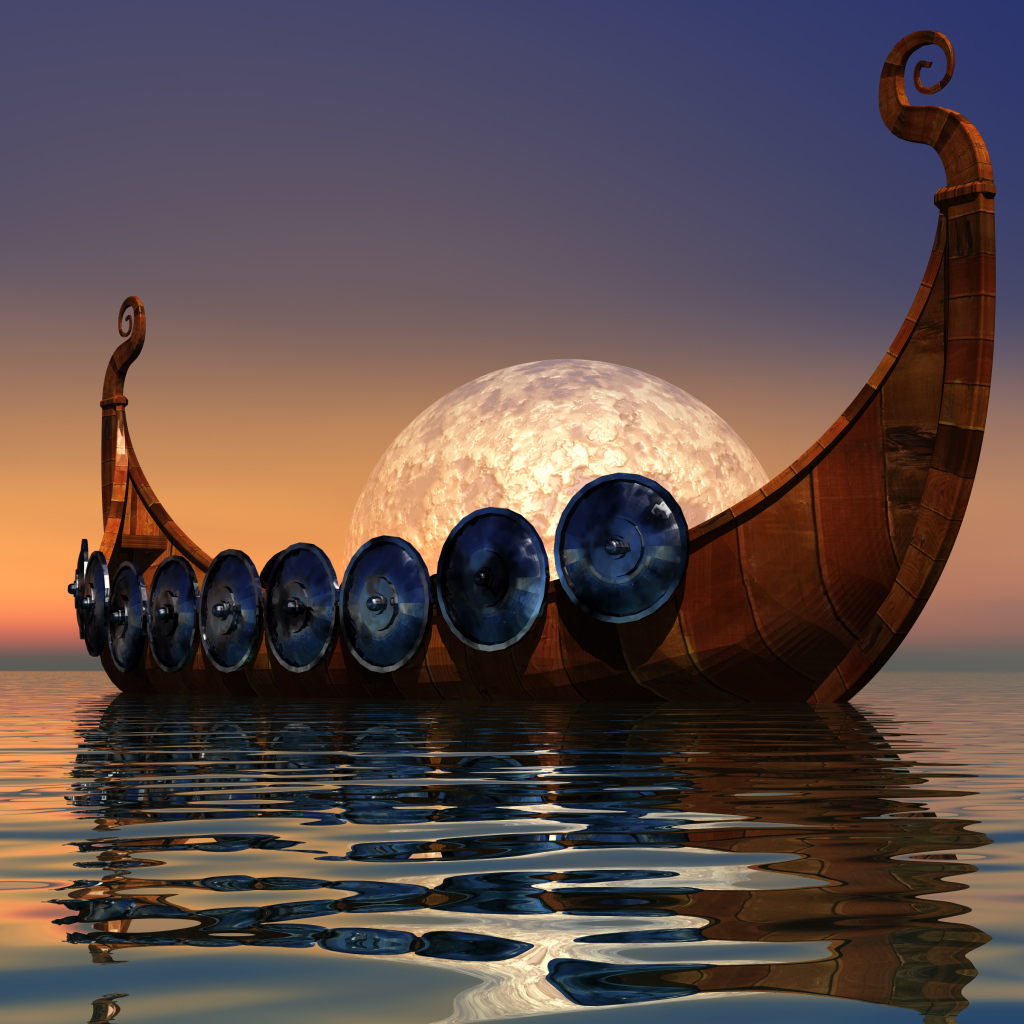 Лодка викингов на фоне луны в воде 3д графика