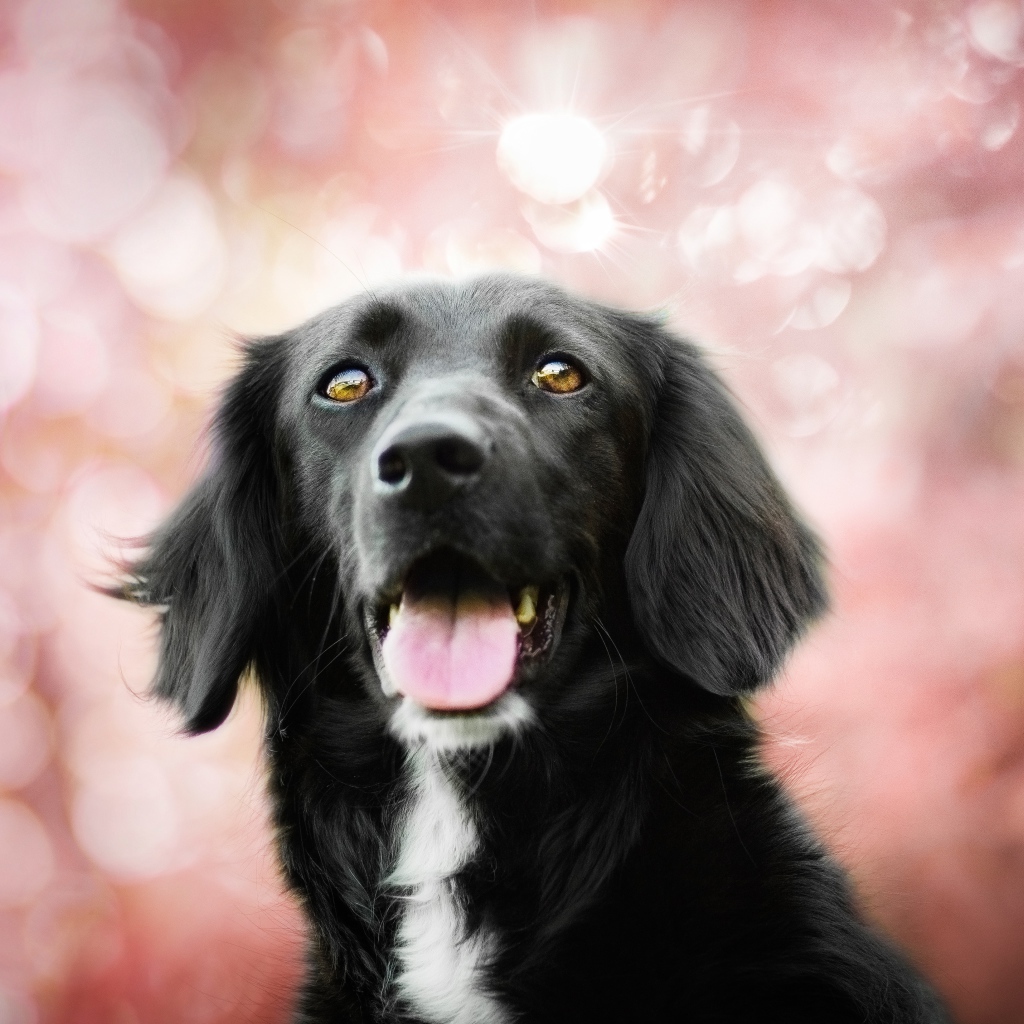 Черная собака с высунутым языком на розовом фоне 
