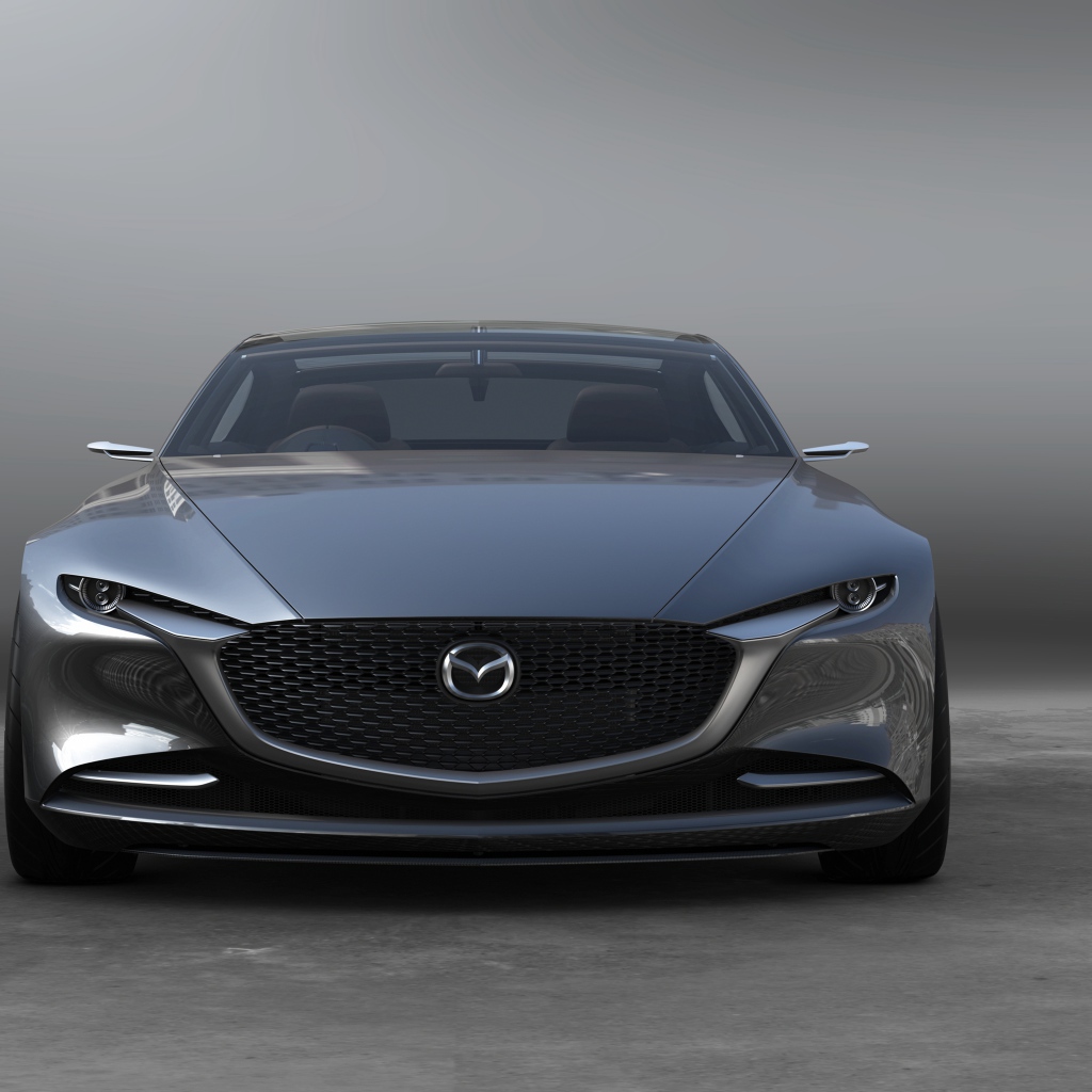 Серебристый автомобиль  Mazda Vision Coupe, 2017 вид спереди