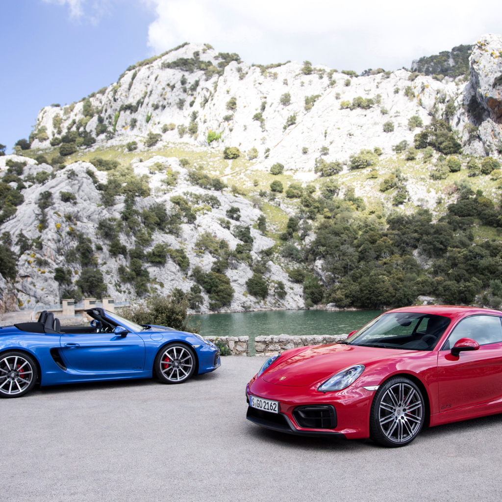 Два спортивных автомобиля Porsche Boxster и Porsche Cayman GTS  у воды 