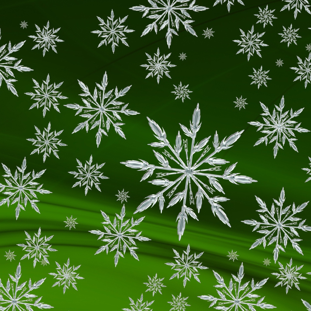 Кристальные белые снежинки на зеленом фоне