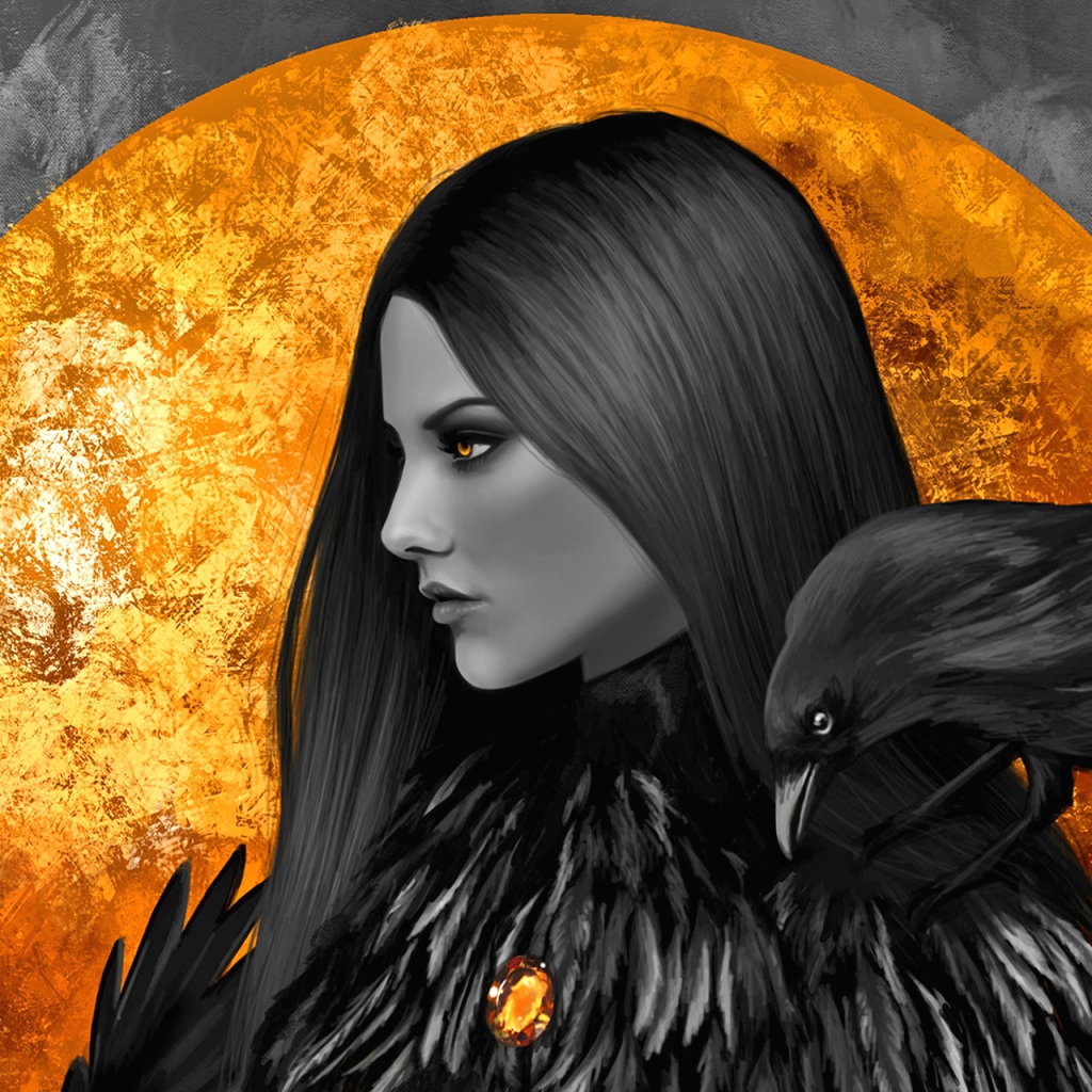 Девушка с желтыми глазами и вороном на плече на фоне большой луны 