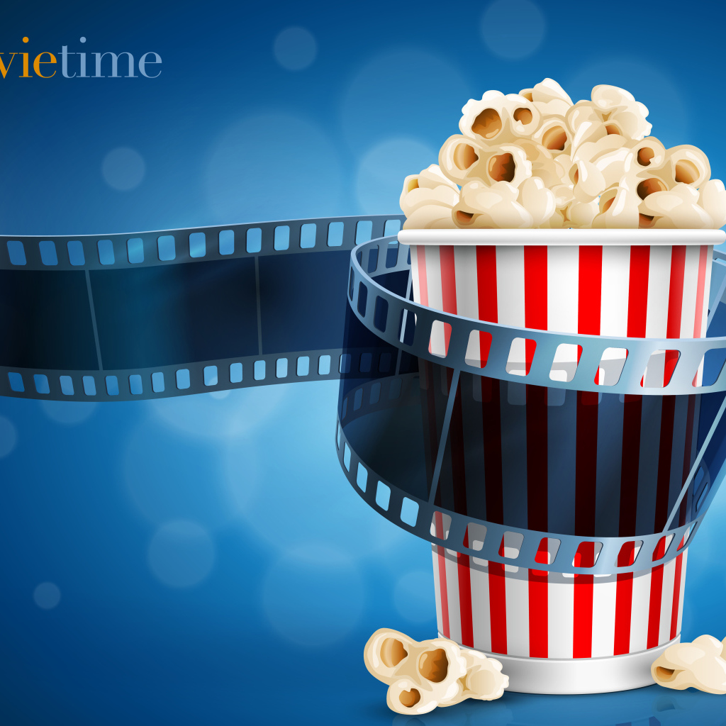 Стакан попкорна и кинолента на голубом фоне с надписью  Movietime