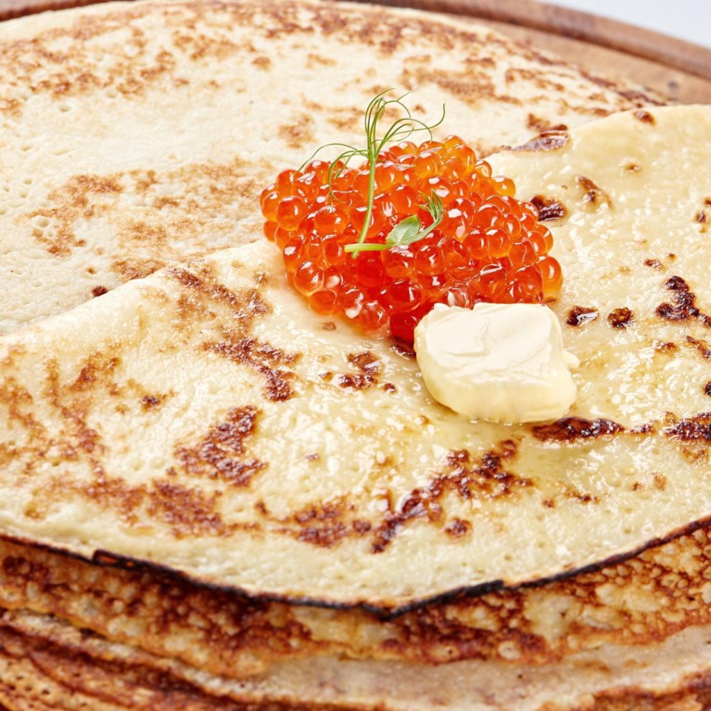 Ruddy pancakes with red caviar Pancake Day 2017