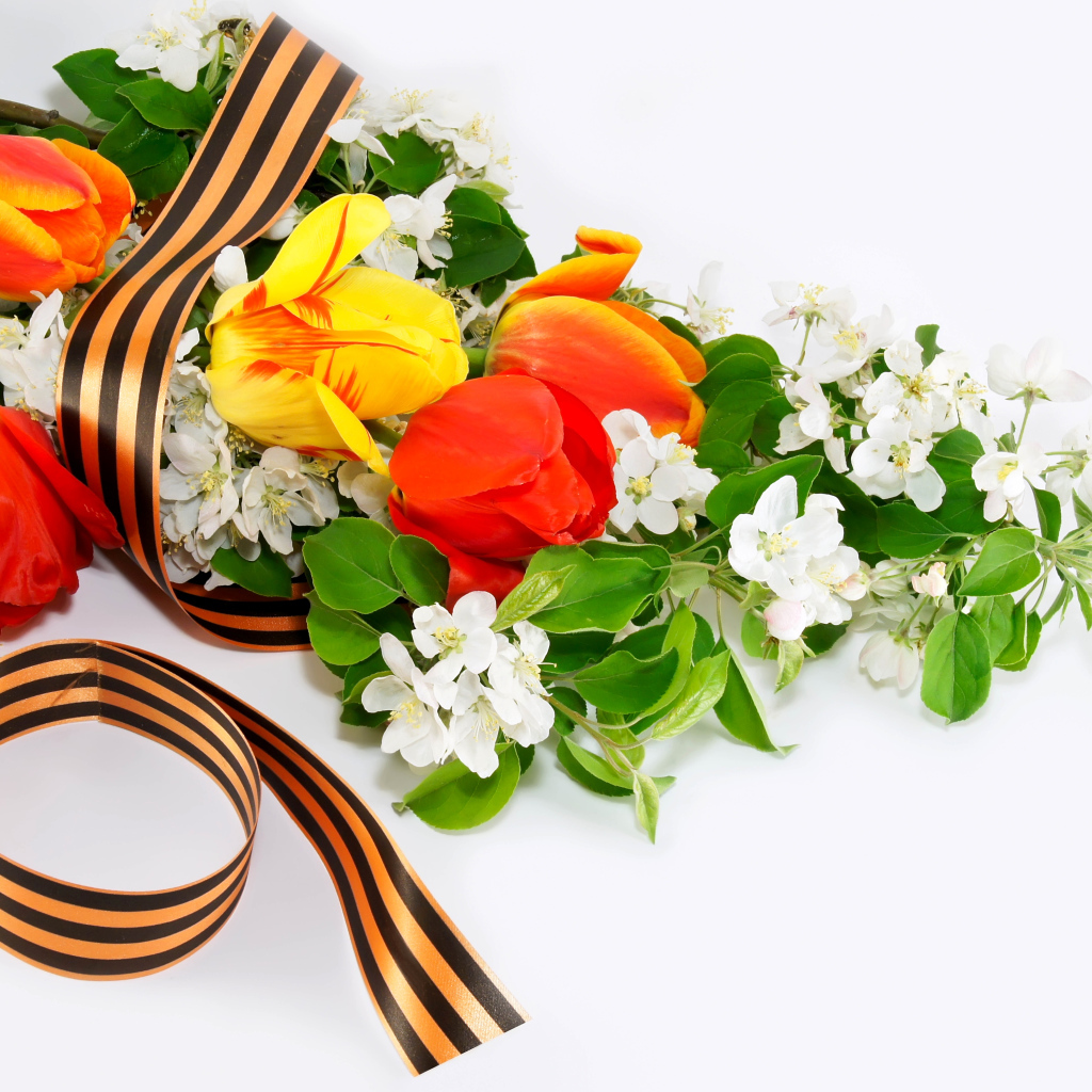 Цветы и георгиевская ленточка на 9 мая на белом фоне 