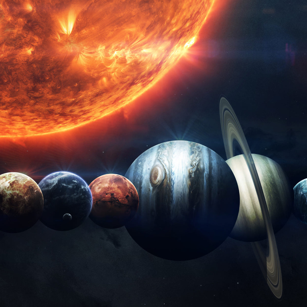 Планеты солнечной системы выстроились в ряд рядом с солнцем