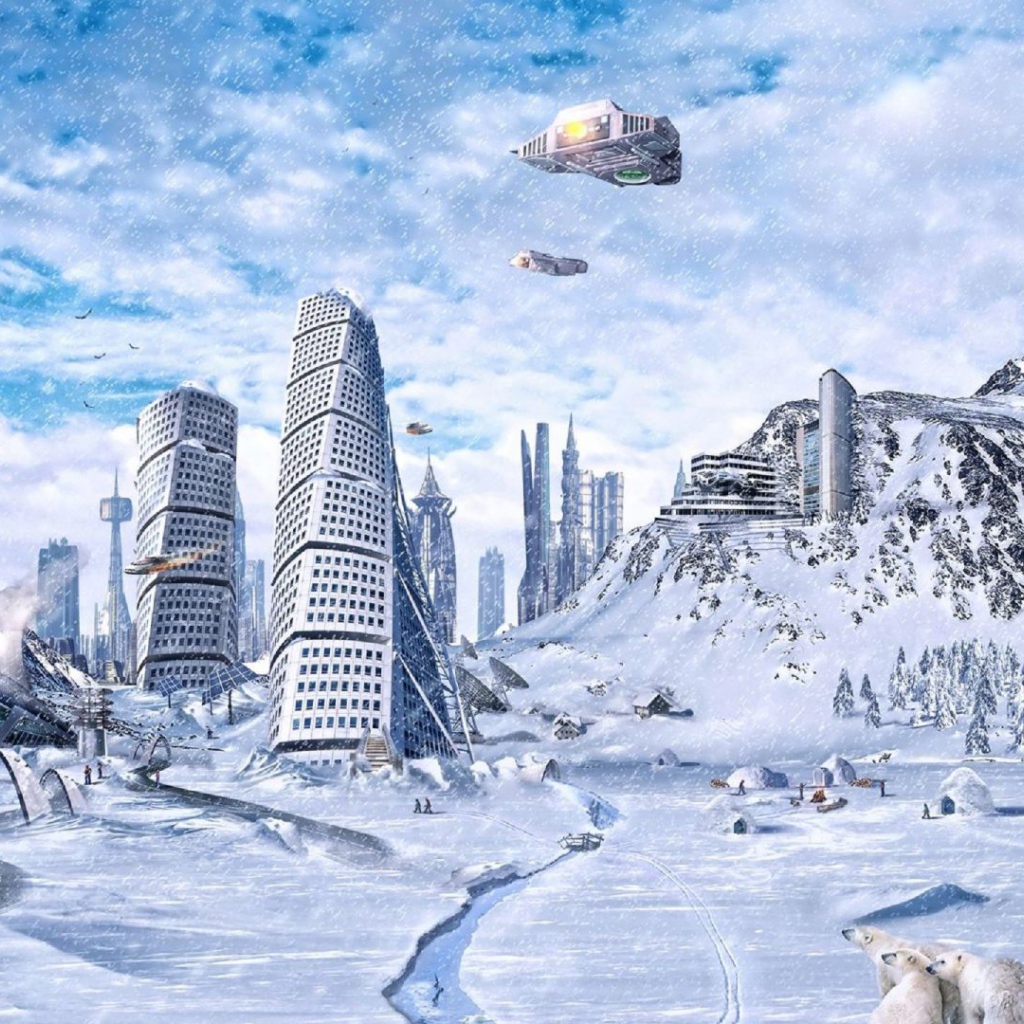 Фантастический город будущего зимой 
