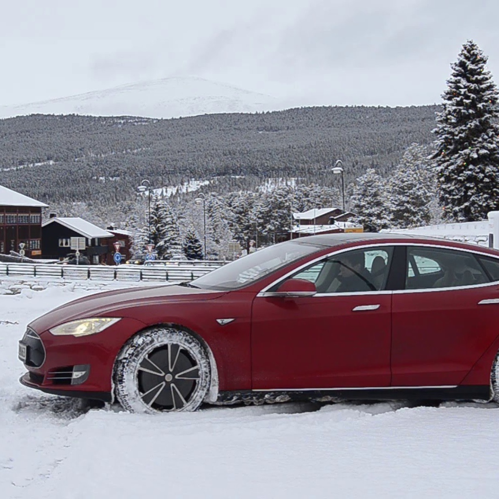 Tesla electric car in the snow