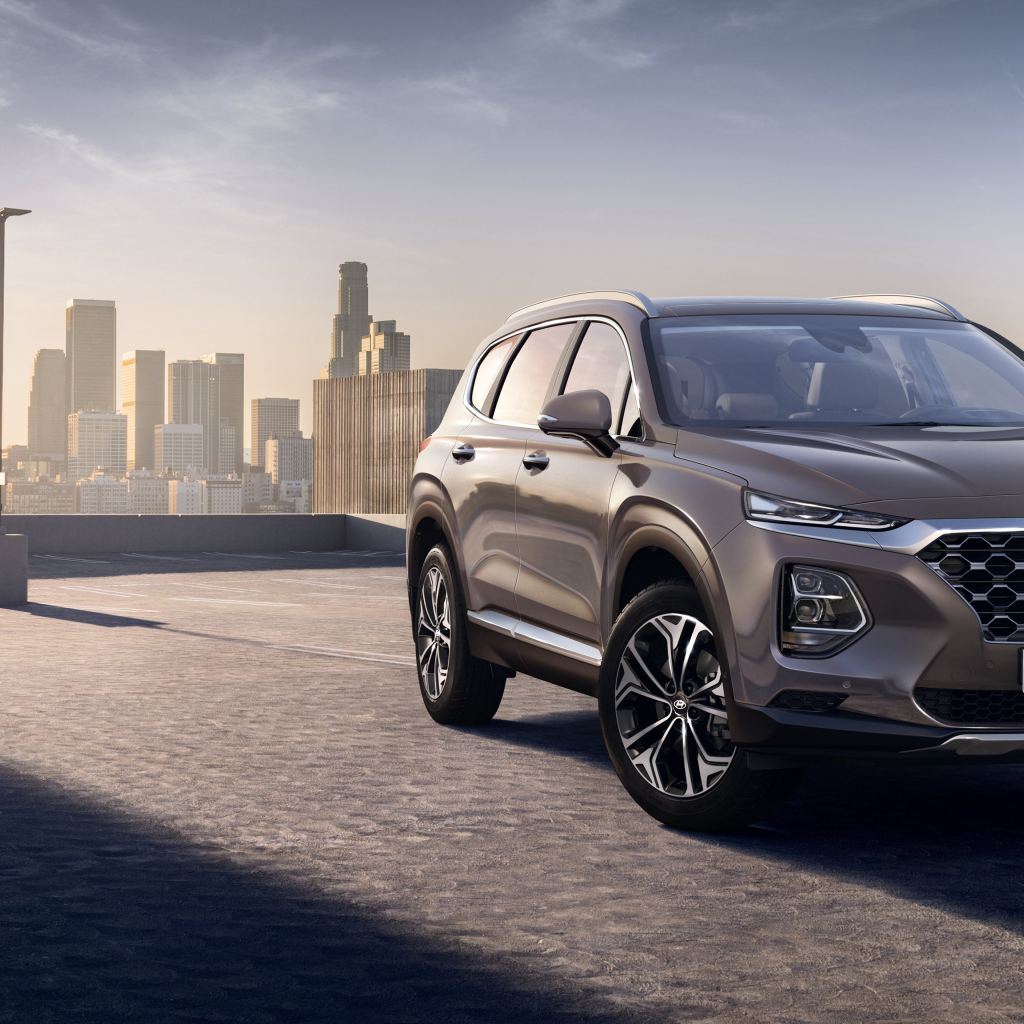 Новый внедорожник Hyundai Santa Fe, 2019 на фоне города