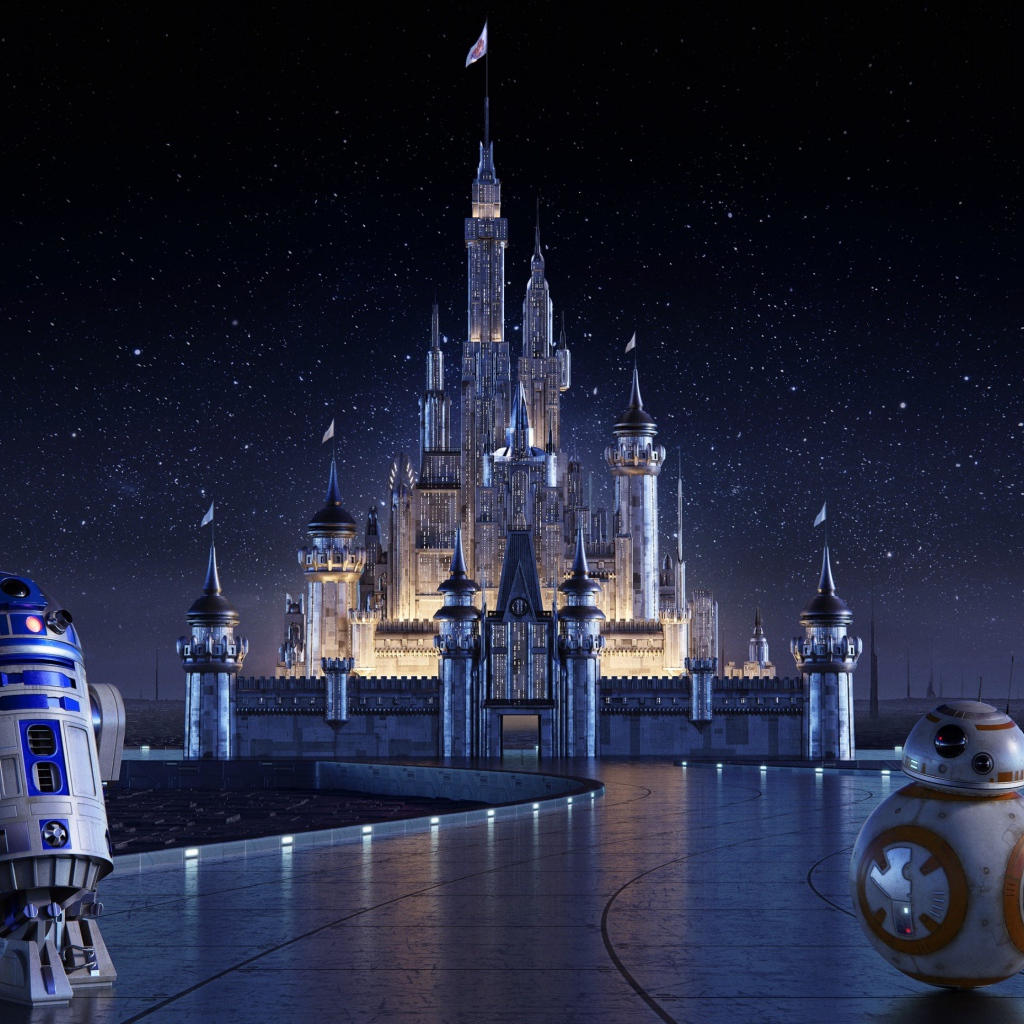 Robots R2-D2 and BB-8 against the background of the Disney castle