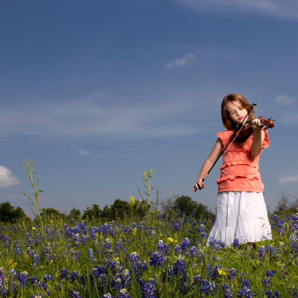Девочка играет на скрипке на поле с цветами