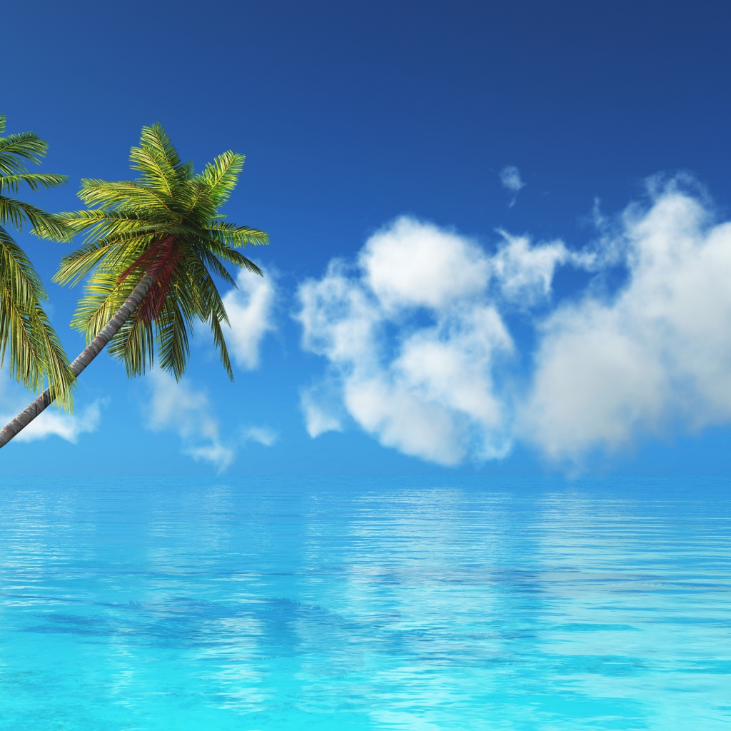 Две пальмы в голубом океане на фоне неба 