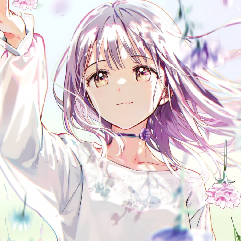Девушка аниме ловит падающие цветы