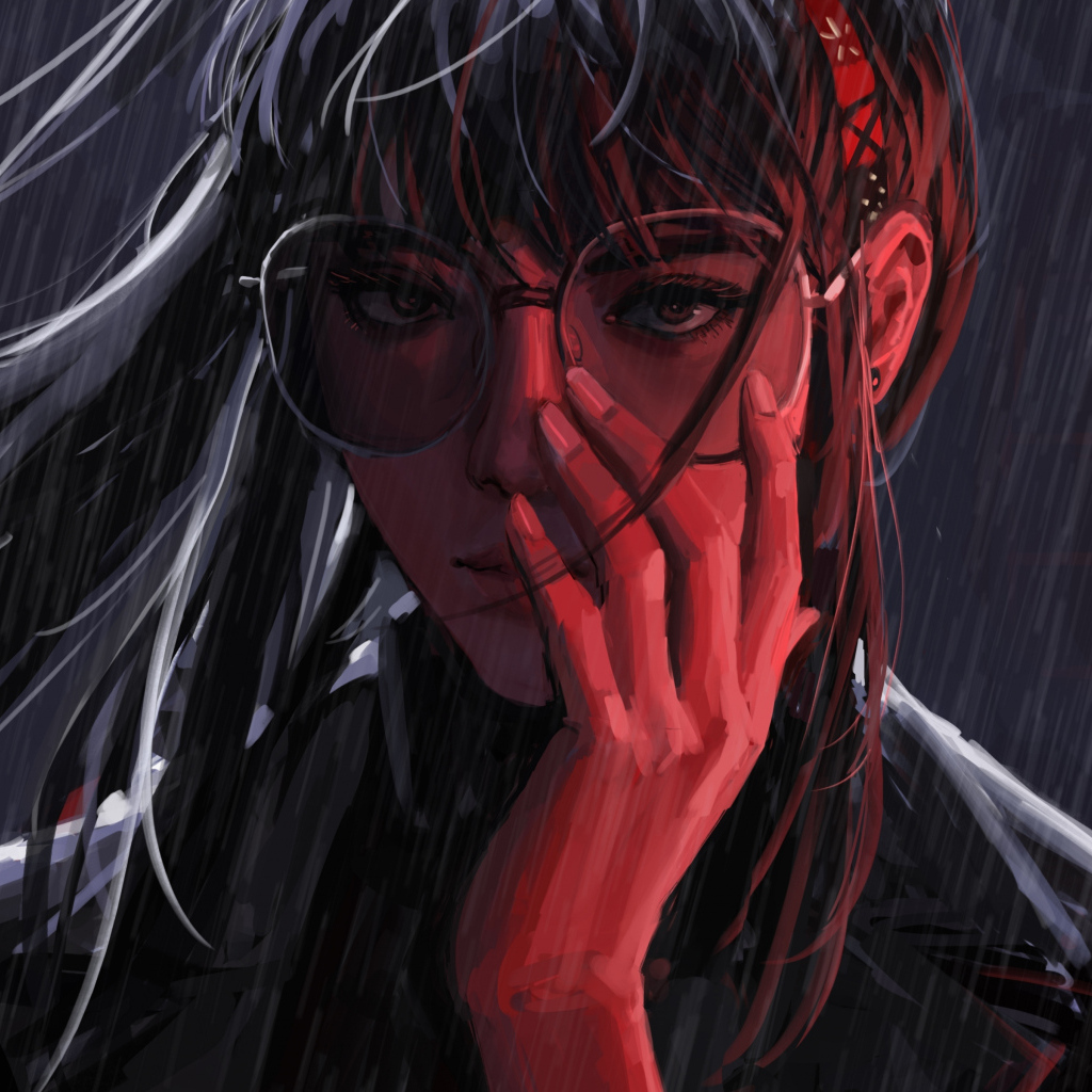 Нарисованная девушка в очках под дождем