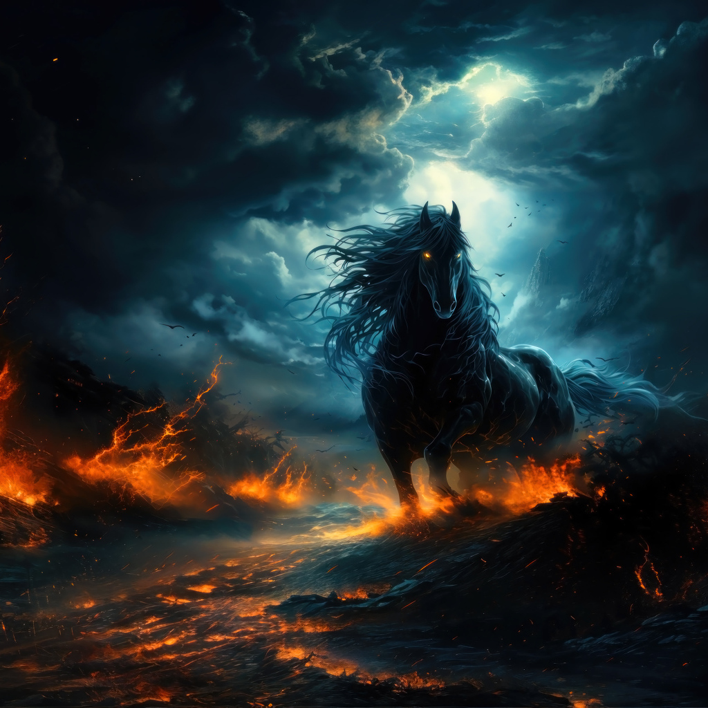 Черный фантастический конь на огненной земле