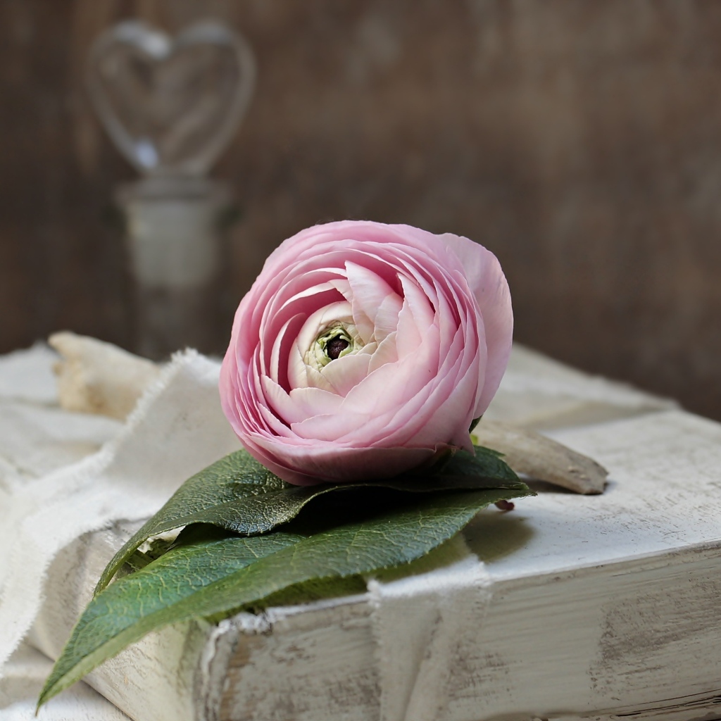 Розовый цветок лютика лежит на старой книге