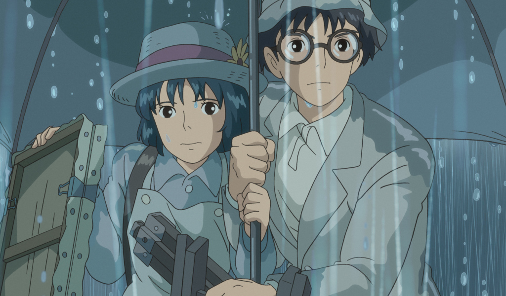 Аниме мультфильм Миядзаки Ветер крепчает, герои под дождём