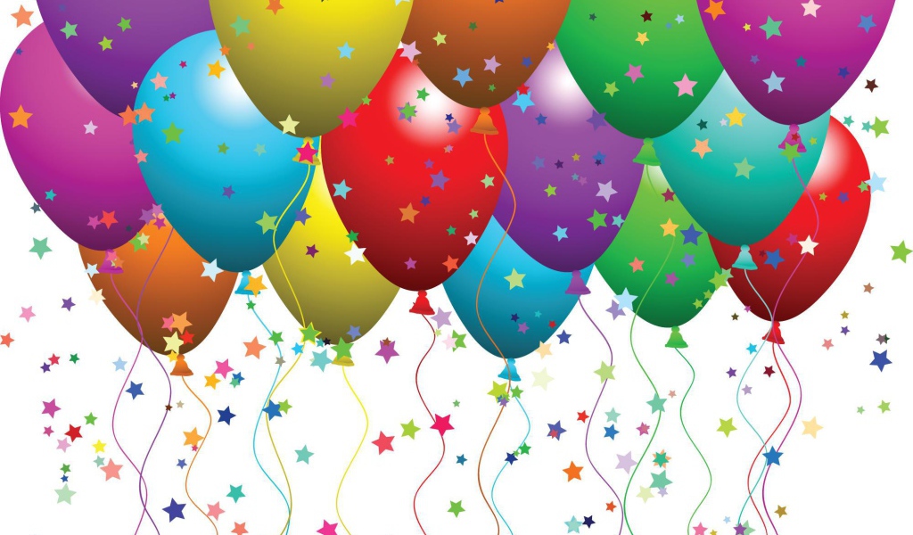 Разноцветные шары и звёзды на день рождения