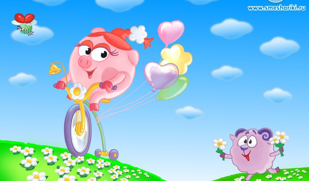 Нюша на велосипеде в мультфильме Смешарики