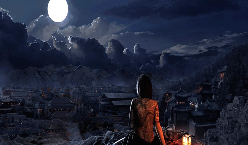 Японская девушка смотрит на луну