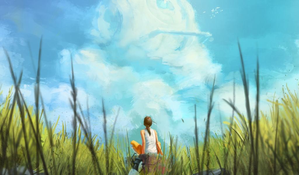 Девушка смотрит на облака