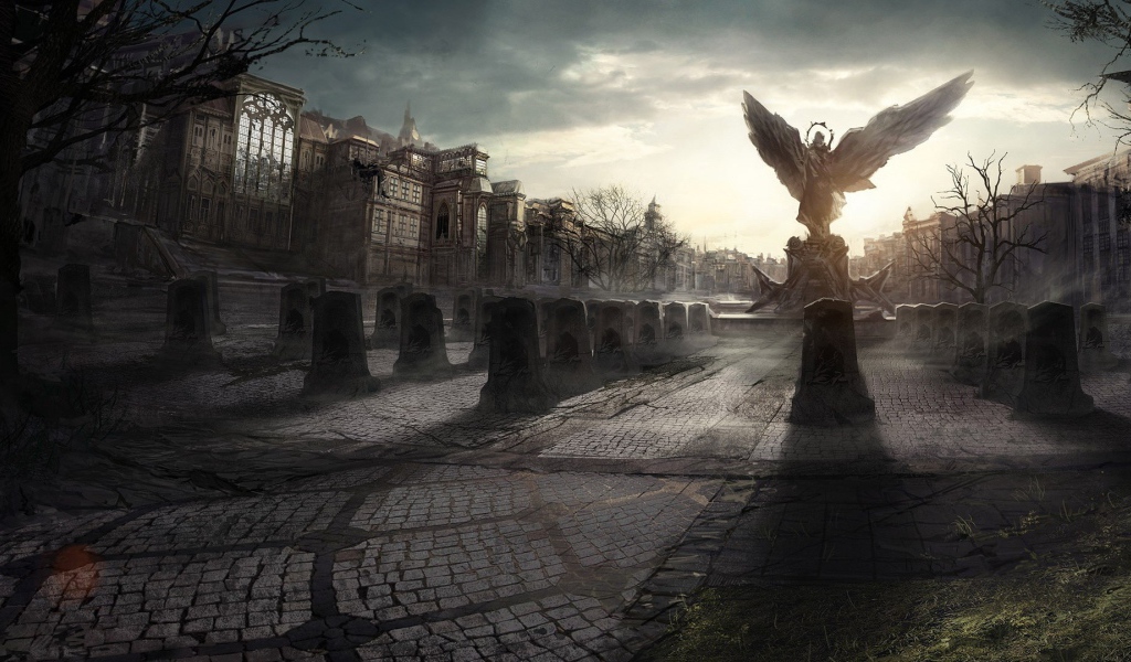Статуя ангела в разрушенном городе