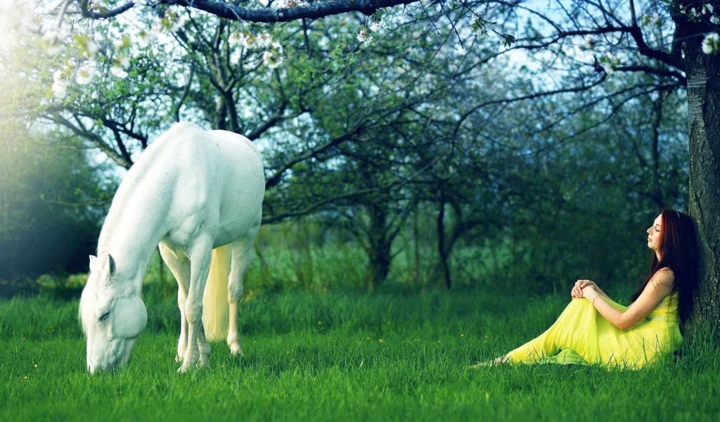 Белая лошадь и девушка в желтом платье