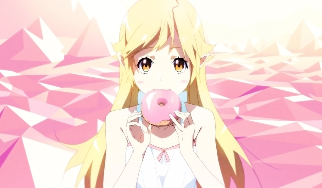 Светловолосая девушка аниме ест розовый пончик