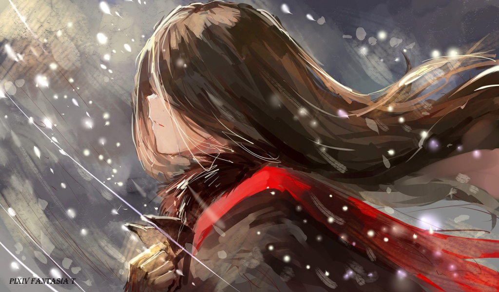 Девушка во время снегопада аниме Pixiv Fantasia