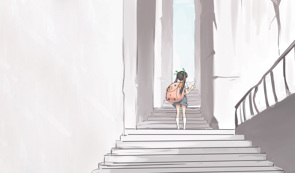 Девушка идет по лестнице аниме