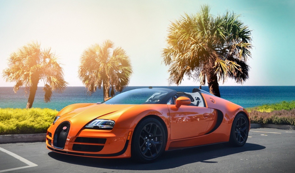 Оранжевый Bugatti Veyron на фоне пальм у моря