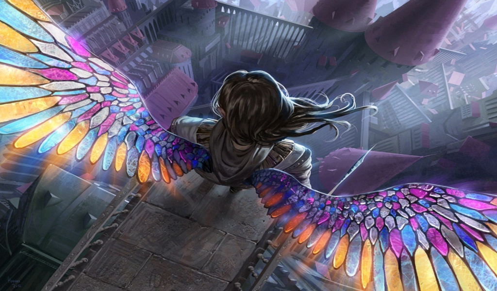 Ангел с радужными крыльями на краю