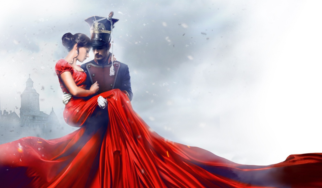 Улан держит на руках девушку в красном платье