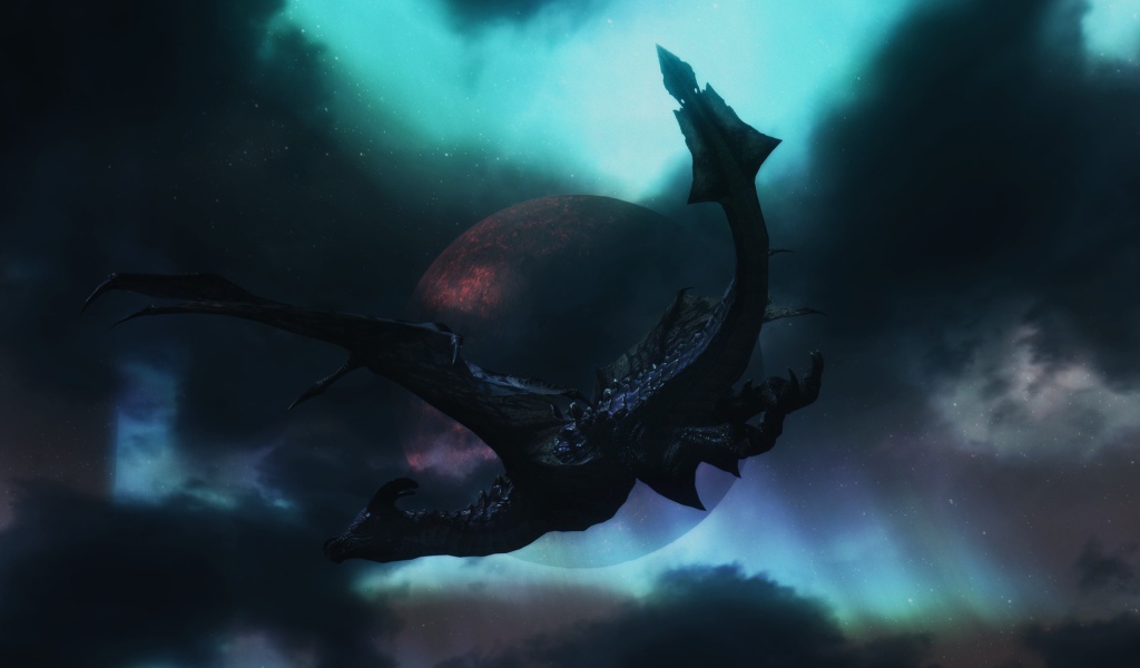 Черный дракон на фоне планеты в игре The Elder Scrolls V Skyrim