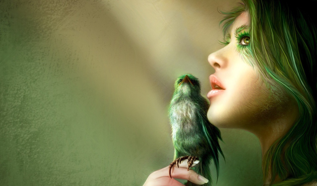 Птица на руке зеленоволосой девушки