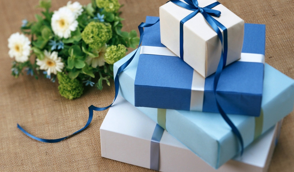 Bouquet and boxes with gifts for your favorite on March 8