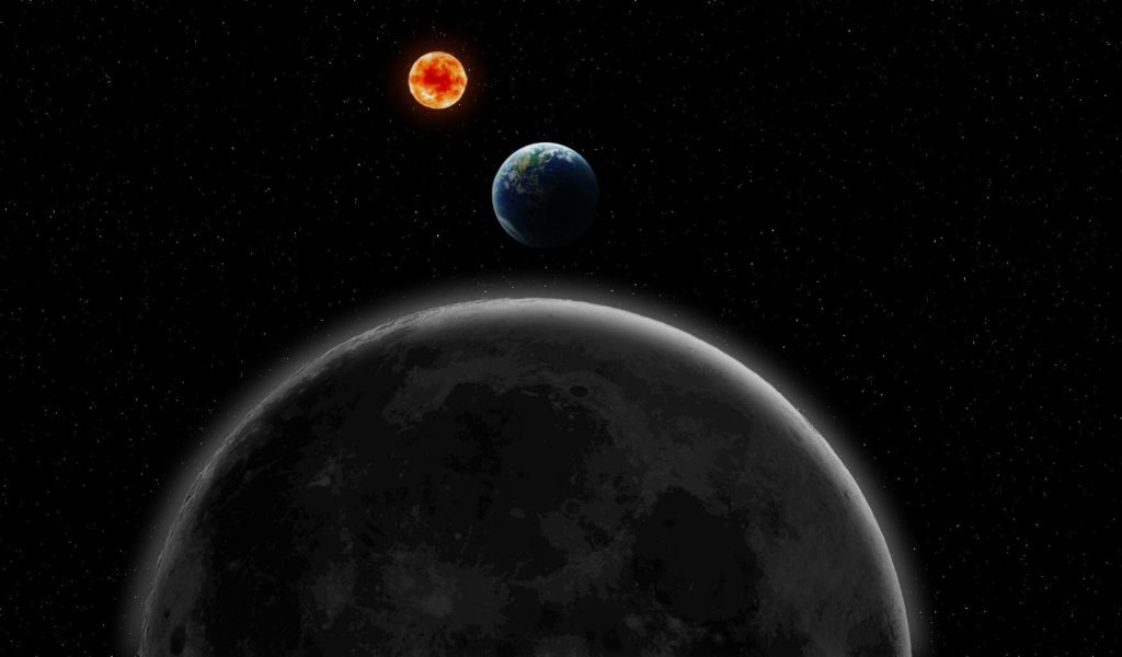 Луна, Земля и Солнце на фоне звезд