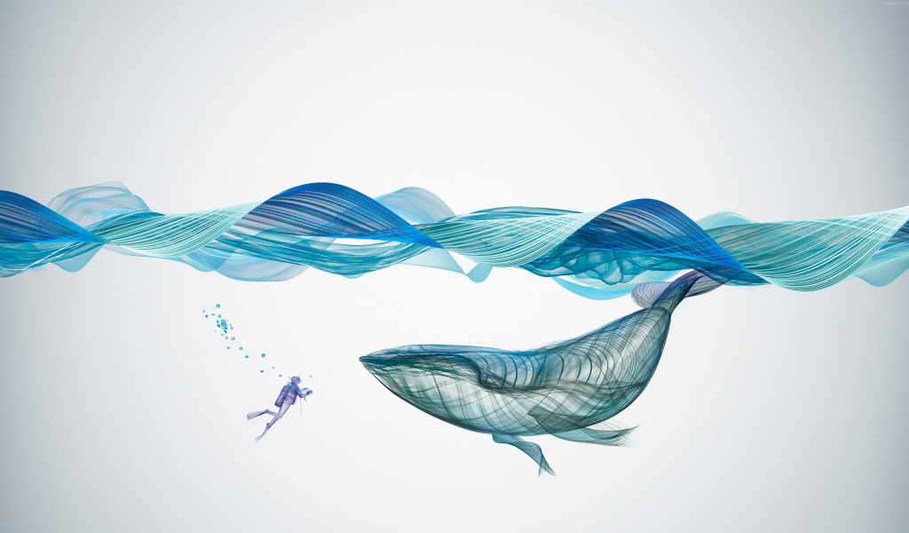 Большой кит и водолаз под водой 3д графика