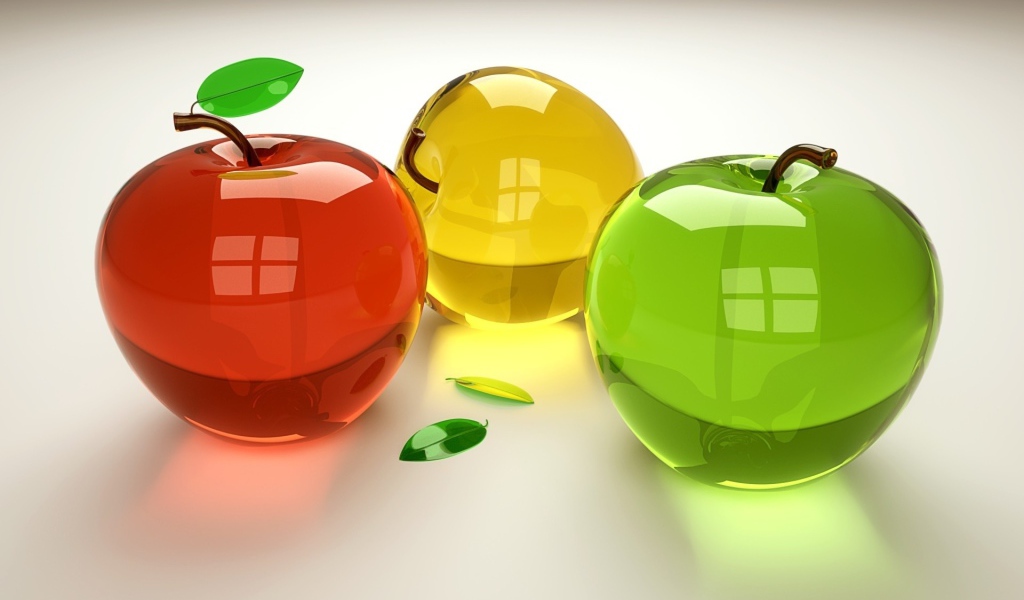 Стеклянные разноцветные яблоки на белом фоне 3 д графика 