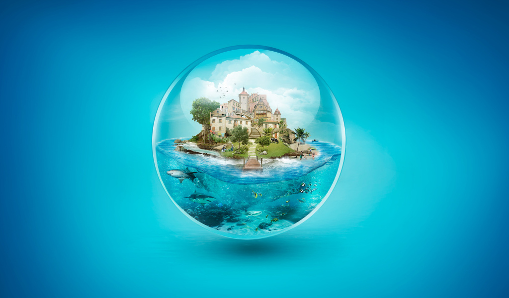 Дом на острове в прозрачном  шаре на голубом фоне 3д графика