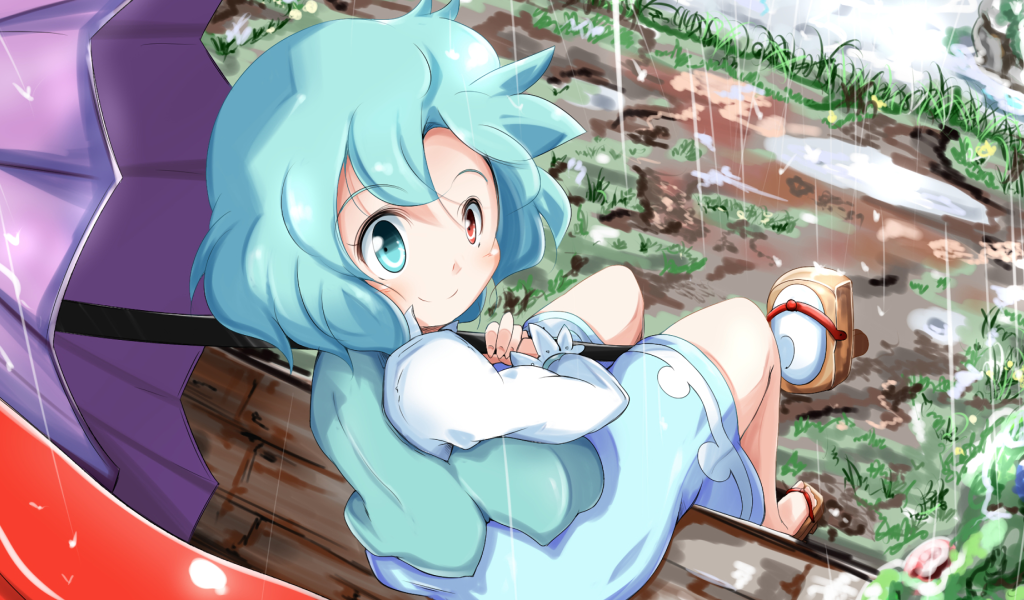 Девушка с голубыми волосами под дождем аниме Touhou 