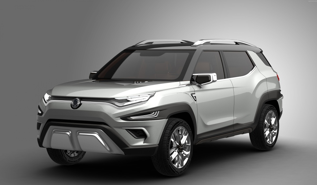 Silver SUV SsangYong XAVL, 2017 on a gray background